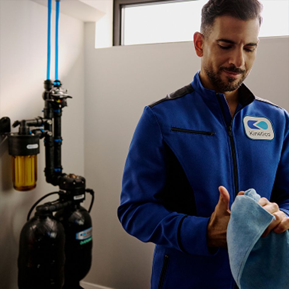 A Kinetico technician beside a whole-home filtration system