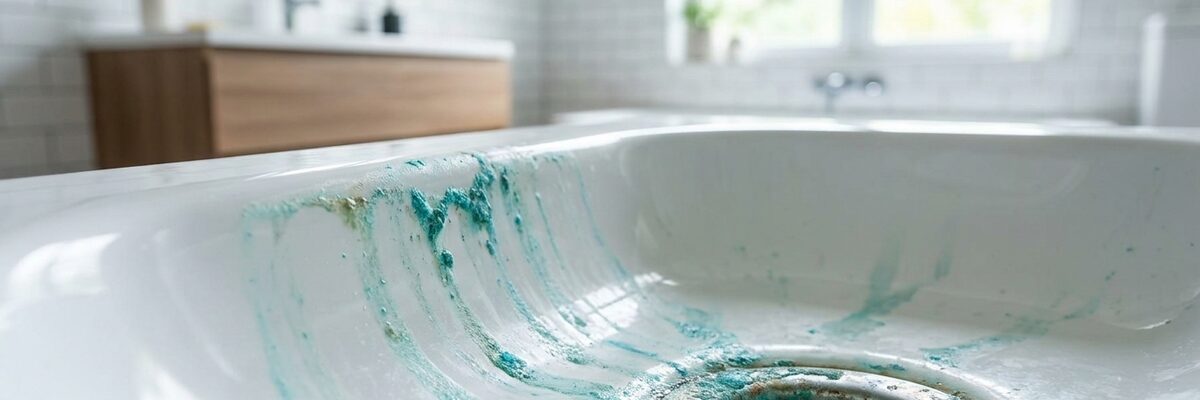 Blue-green staining around a drain caused by corrosive water dissolving copper pipes