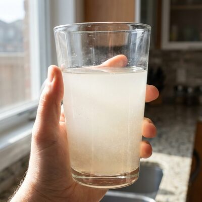 Cloudy tap water in a glass