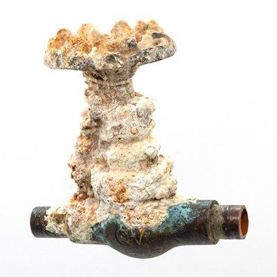 Plumbing fitting encrusted with hard water scale