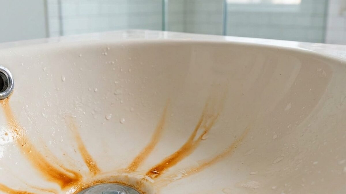Severe iron staining on plumbing fixtures caused by untreated high-iron water