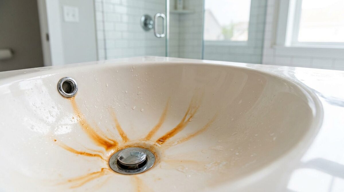 Orange iron rust staining on a bathtub and fixtures from high iron content water