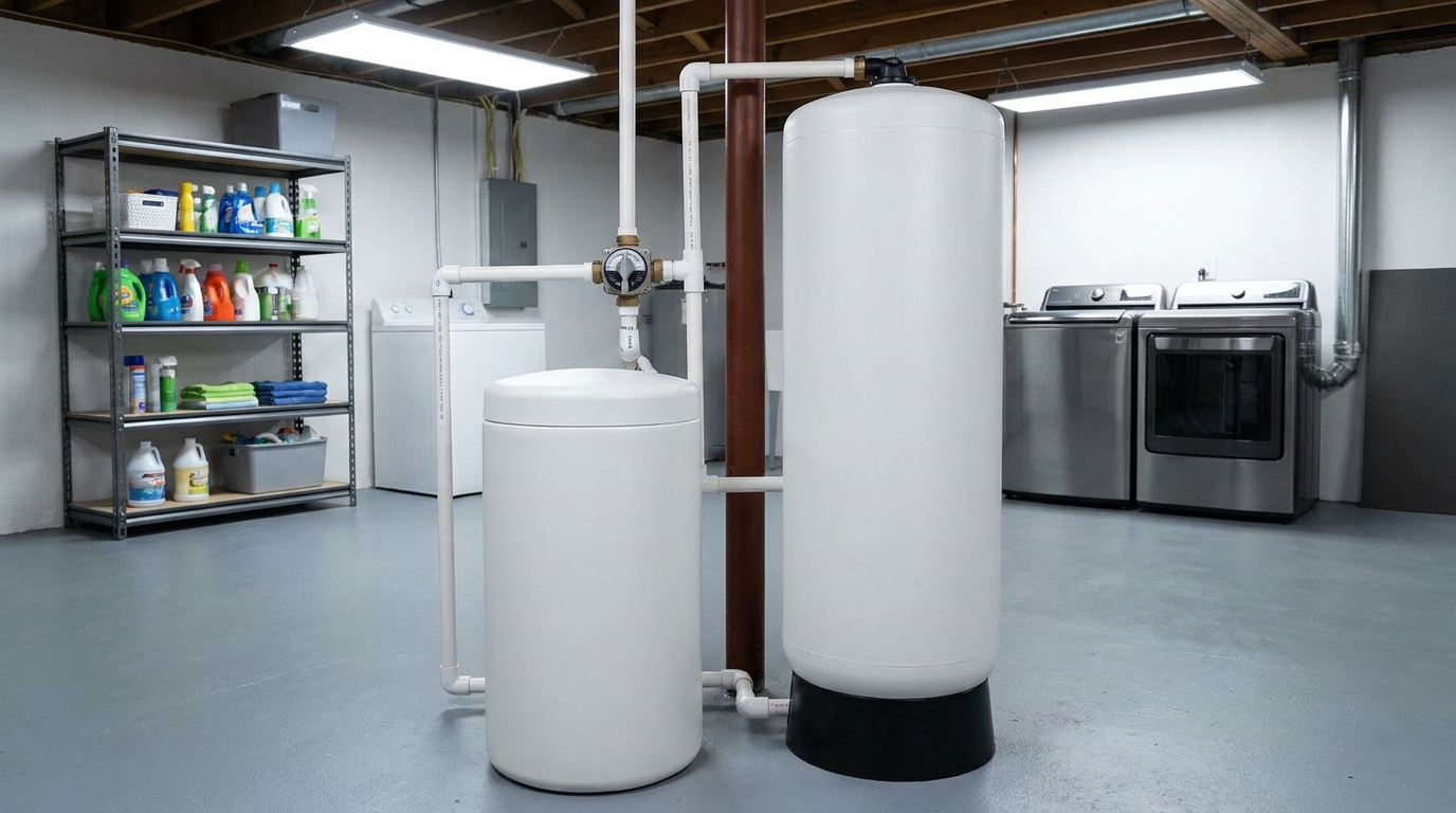Non-electric water softener twin tanks in a basement utility room