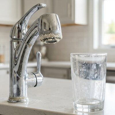 Limescale buildup on a kitchen faucet