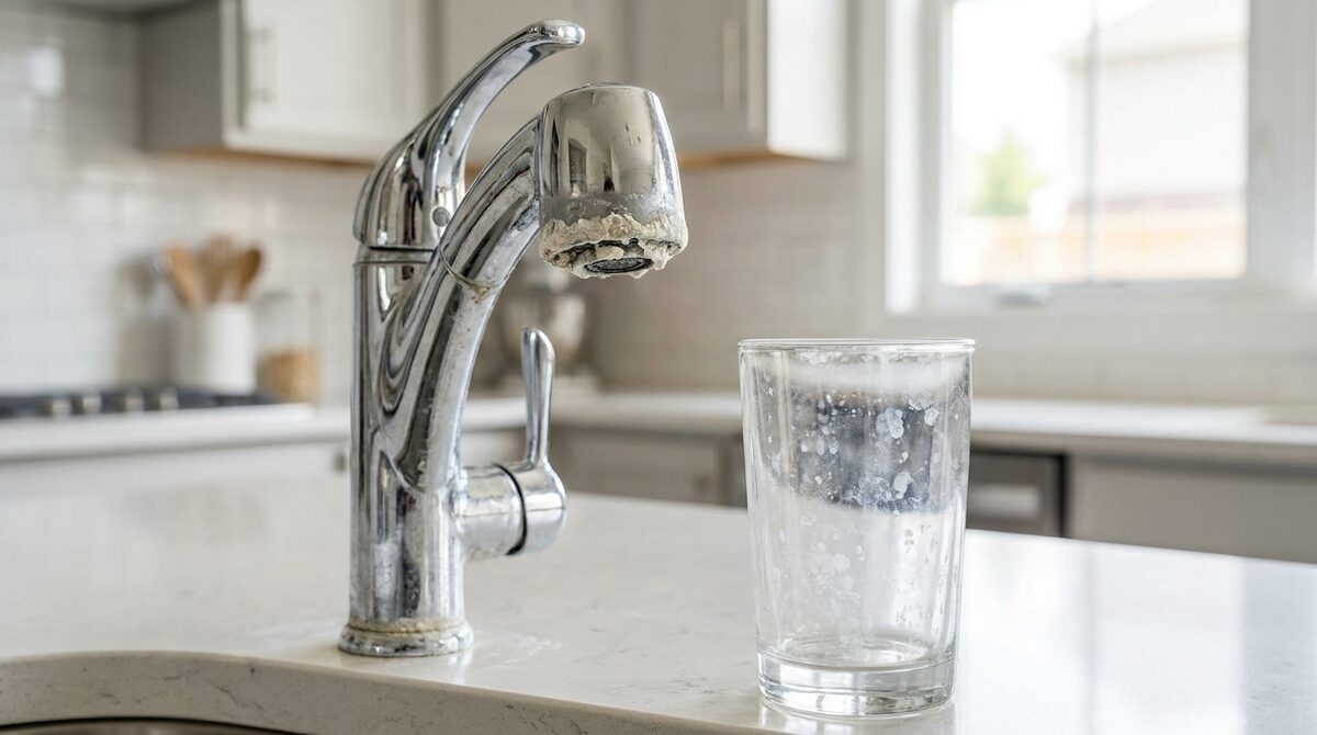 Hard water scale on a faucet